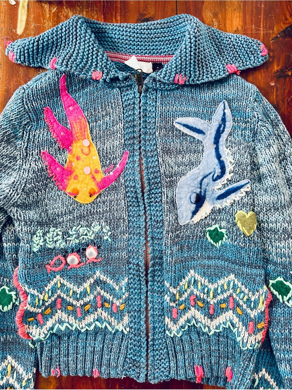 Anthropologie size medium Blue Knit Zip Hoodie with Multicolor Sea themed stitch - Picture 8 of 11